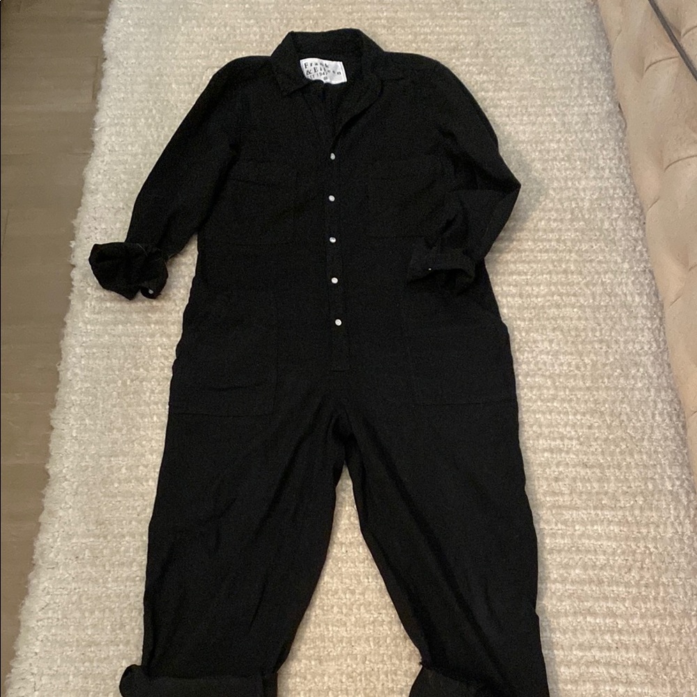 Frank & Eileen Black Playsuit/Jumpsuit with Collared Neckline and Long Sleeves.